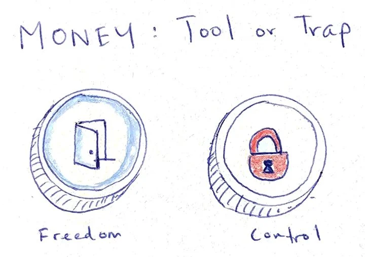 Two coins compared — a door labelled Freedom and a padlock labelled Control, under the title Money: tool or trap